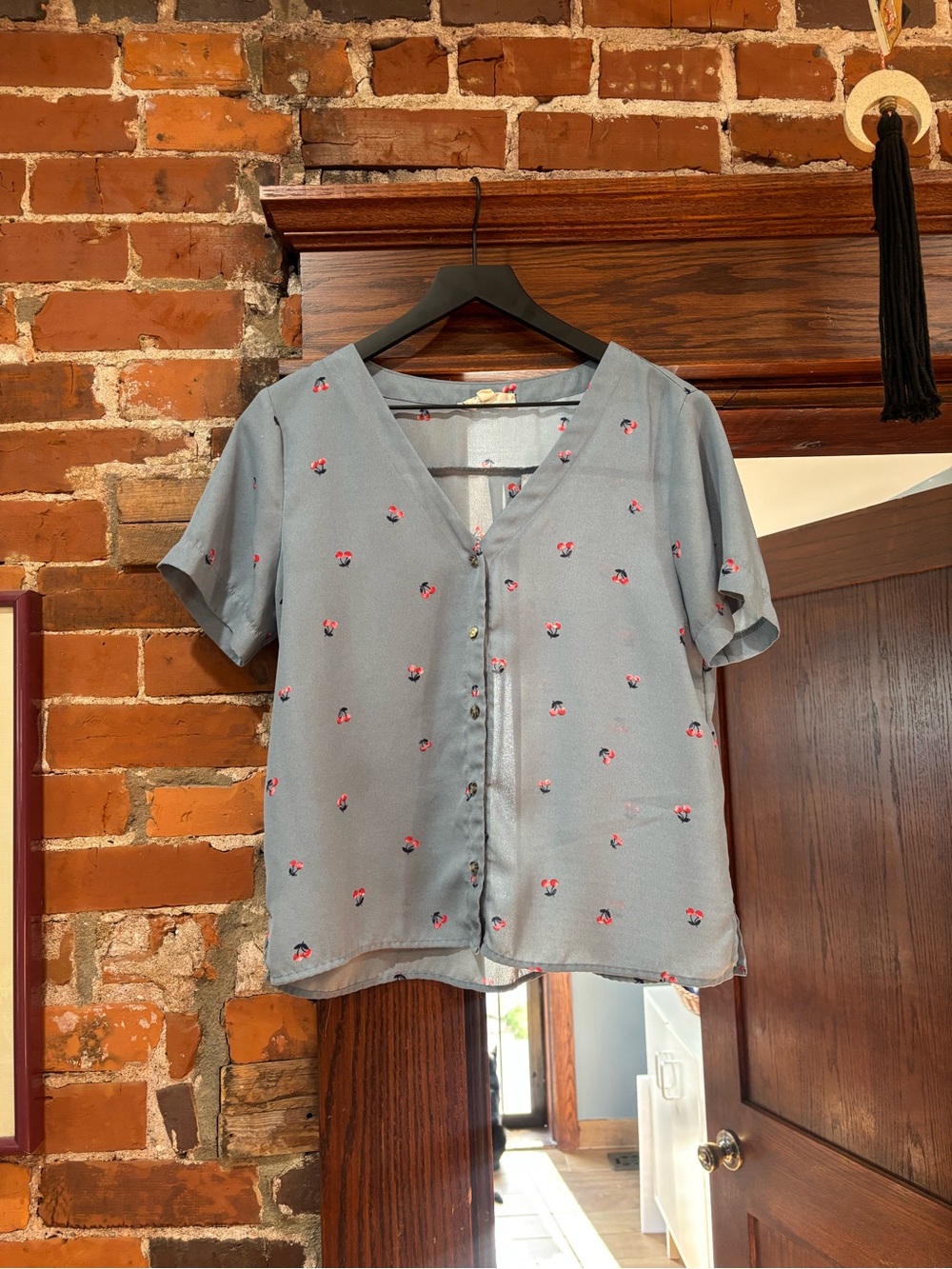 Pink Rose Light Blue Floral Button Front Blouse